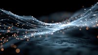 Abstract digital wave with glowing particles and bokeh lights flowing across dark background for technology and data visualization concepts.