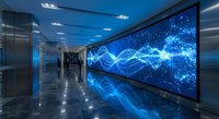 Modern office corridor with large digital display showing blue energy waves and particles for corporate technology presentations and futuristic business environments.