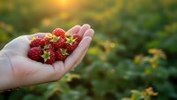 Fresh ripe strawberries in cupped hands during golden hour sunset light with blurred garden background for organic farming and harvest concepts.