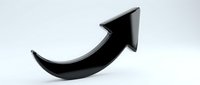 Black curved arrow pointing upward and right on white background, isolated 3D symbol for business growth, success, progress and direction concepts.