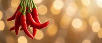 Fresh red chili peppers hanging in bunch against warm golden bokeh background for culinary cooking spice ingredient kitchen decoration food photography.