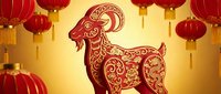 Chinese New Year goat zodiac symbol with red lanterns and golden ornate decorative patterns for lunar celebration and festival greeting cards.