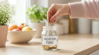 Hand dropping coin into glass jar labeled Vacation Fund on kitchen counter, saving money for travel and holiday planning concept.