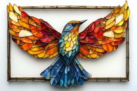Vibrant stained glass style bird with spread wings in warm orange and red tones with blue body, framed in rustic border on white background, ready for design use.