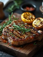 Juicy grilled beef steak with rosemary and charred lemon on wooden board, gourmet food photography for restaurant menu or cookbook.