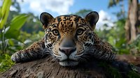 Close up portrait of jaguar resting on tree trunk in natural habitat, showing spotted coat pattern and intense green eyes against blurred rainforest background.