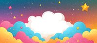 Dreamy cartoon sky with fluffy clouds in pink, yellow and blue colors against starry sunset gradient background. Magical childlike atmosphere for nursery decor.