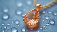 Elegant teardrop crystal pendant necklace in rose gold setting against water droplets background, luxury jewelry macro photography with soft bokeh effect.