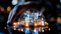 Glowing miniature cityscape with skyscrapers inside glass dome, illuminated by warm bokeh lights creating magical urban atmosphere. Creative architectural concept.