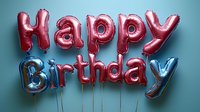 Happy Birthday message spelled in pink and blue metallic foil balloons against a turquoise background, suitable for birthday celebrations, party invitations, greeting cards, and festive event promotions.
