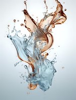 Dynamic splash of blue and copper-colored liquid colliding in mid-air creating dramatic waves and droplets against light background, captured in high-speed photography.