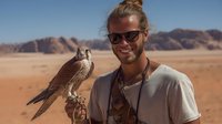 Smiling man with falcon on gloved hand in desert landscape with mountains in background, showcasing falconry tradition in arid environment.