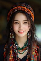 Young Asian woman wearing traditional ethnic headscarf, colorful beaded necklaces and ornate earrings smiling at camera in soft natural lighting.