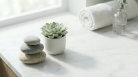 Zen spa composition with stacked massage stones, succulent plant in white pot, rolled towels and glass bottle on clean white surface for wellness and relaxation.