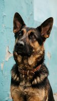German shepherd dog portrait with leather collar against weathered blue wall background for pet photography and animal lover designs.
