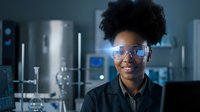 Young Black female scientist or engineer wearing futuristic augmented reality glasses in modern laboratory setting with holographic data visualization and scientific equipment in background.