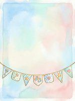 Soft watercolor background with pastel blue, pink, and green washes featuring decorative bunting banner with hearts and stars. Suitable for greeting cards, invitations, and children's designs.