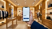 Mans hand holding smartphone with buy now button in luxury fashion boutique, mobile shopping app on screen in elegant retail store.