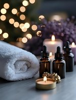 Spa wellness setting with essential oil bottles, aromatic candles, white towel and lavender flowers against soft bokeh lights creating peaceful ambiance.