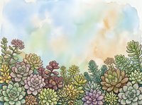Watercolor succulent garden border with colorful plants on pastel background for botanical design projects and nature-themed decorations.