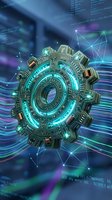 Futuristic glowing gear with neon cyan and purple lights, digital network connections, and circuit board patterns on blurred tech background for innovation concepts.