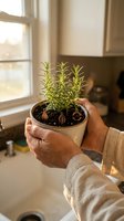 Person with medium skin tone holding potted rosemary herb plant in ceramic pot near sunny window, showcasing fresh green foliage for indoor gardening, home cultivation, and culinary plant care.