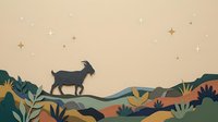 Silhouette of goat standing on rolling hills with layered landscape, wildflowers, and stars on warm beige background. Suitable for wall art, children's decor, and nature-themed designs.