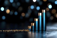 Glowing blue liquid in glass tubes forming ascending graph bars against dark background with bokeh lights, representing business growth and progress.