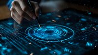 Futuristic holographic interface with glowing blue circles and digital elements being controlled by human hand, representing advanced technology interface.