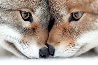 Close up macro shot of fox eyes and nose showing detailed fur texture and intense amber gaze against soft blurred background, creating dramatic wildlife portrait.