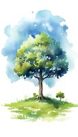 Watercolor green tree on hill against blue sky background, soft artistic nature illustration for greeting cards and wall art.