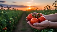 Fresh ripe tomatoes cupped in farmer hands at sunset in organic vegetable garden with golden hour lighting for healthy eating and agriculture concepts.