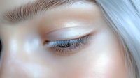 Close up view of closed eye with long eyelashes, platinum blonde hair, and flawless pale skin showing natural beauty and minimalist makeup artistry for cosmetic and beauty industry.