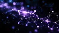 Glowing purple network connections with light particles floating in dark space create futuristic technology visualization. Abstract digital concept for connectivity.