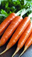 Fresh orange carrots with green tops arranged in row on dark wooden surface, macro close-up showing natural texture and vibrant color. For food and cooking concepts.