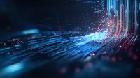 Glowing circuit paths with blue and red light trails create futuristic technology landscape, digital transformation concept for business innovation.