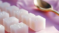 White sugar cubes arranged in rows on pink surface with golden spoon in background, showcasing sweetener for coffee or tea preparation.