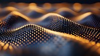 Glowing golden dots forming dynamic waves on dark background create futuristic technology pattern with depth and movement effect for digital design projects.