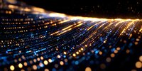 Abstract digital light trails with glowing blue and gold particles flowing in perspective, creating dynamic motion effect against dark background.