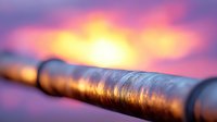 Metal pipeline segment against vibrant sunset sky with golden sunlight reflection on industrial pipe surface, purple and pink clouds in background.