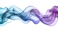 Flowing abstract smoke waves in gradient colors from turquoise blue to purple creating dynamic motion effect on white background, suitable for modern design projects.