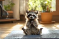 Curious raccoon sitting on yoga mat indoors with potted plants and sunlight, suitable for wellness and animal lifestyle content.