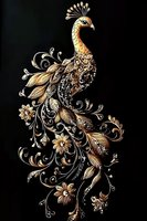 Ornate golden peacock with intricate floral swirls and decorative elements on black background, featuring metallic feathers and crystal embellishments in luxurious style.