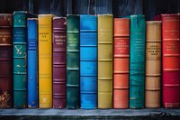 Row of vintage hardcover books arranged on wooden shelf, displaying colorful spines in blue, yellow, red, and green. Classic literature collection creates nostalgic library atmosphere.