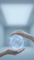 Hands protecting glowing digital sphere with data visualization in modern office environment representing technology innovation and data security.