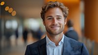 Young Caucasian businessman with confident smile wearing white shirt and navy blazer in modern office hallway with blurred background and warm lighting.