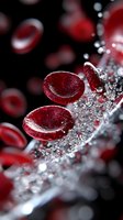 Red blood cells flowing through bloodstream with water bubbles for medical education and healthcare presentations.