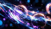 Cosmic spheres with glowing particles surrounded by luminous energy waves in deep space against starry background.