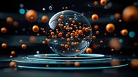 Glowing orange spheres floating through transparent glass bubble on rippling water surface against dark background with blue accent lighting.