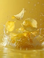 Crispy potato chips splashing in water with droplets against golden background, dynamic food photography capturing motion and texture in bright yellow tones.